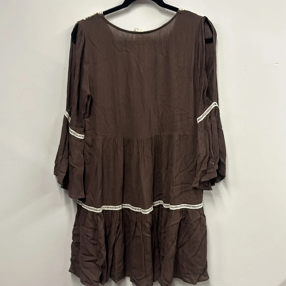 Entro brown cream crochet long sleeve dress S - Picture 8 of 9